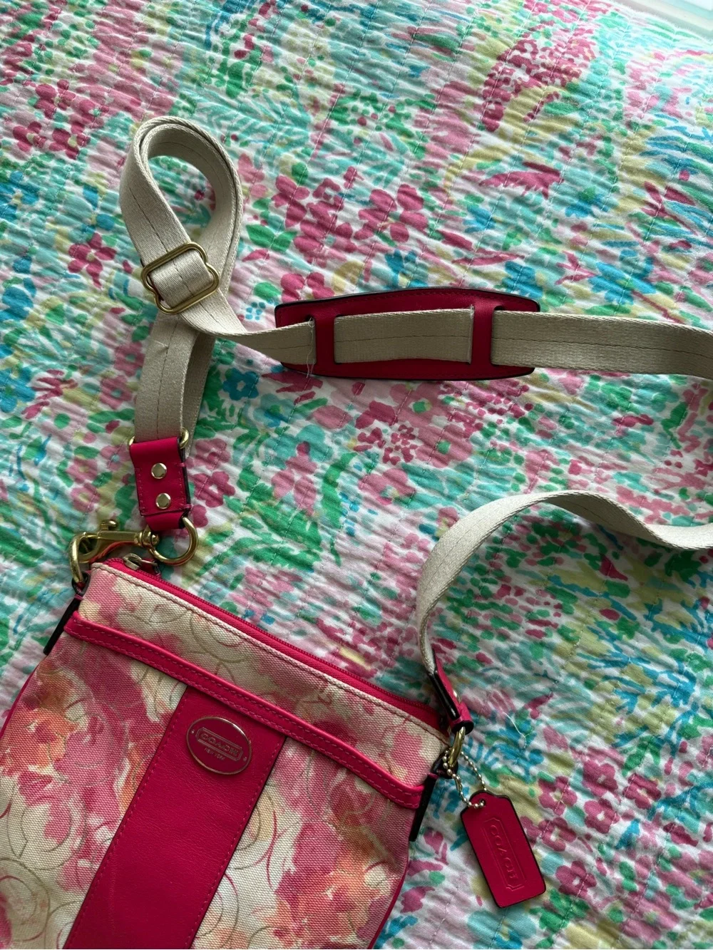 Coach Pink Floral Canvas Crossbody with Cream Strap